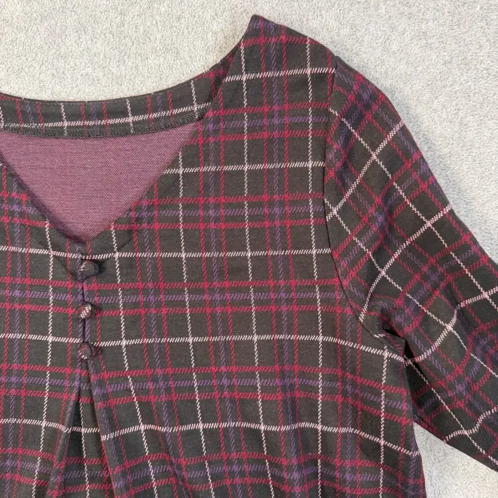 J.Jill Women’s Medium Plaid Ponte Shirt 3/4 Sleeve Button Pleat Black Red Purple